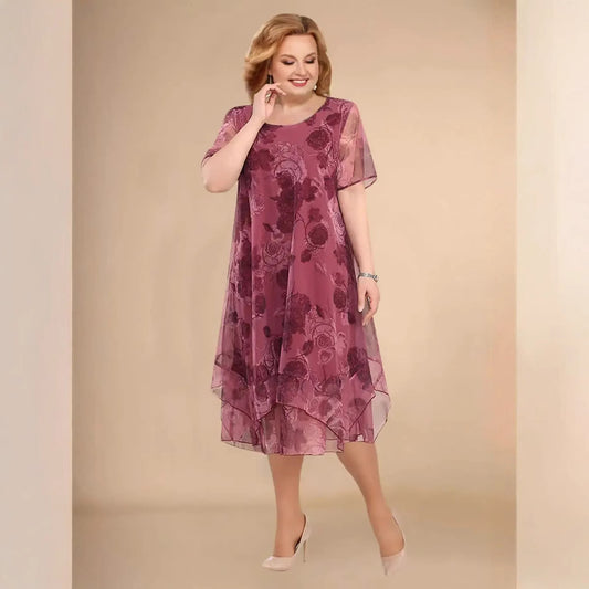 Elegáns, rövid ujjú, virágmintás, aszimmetrikus sifon ruha