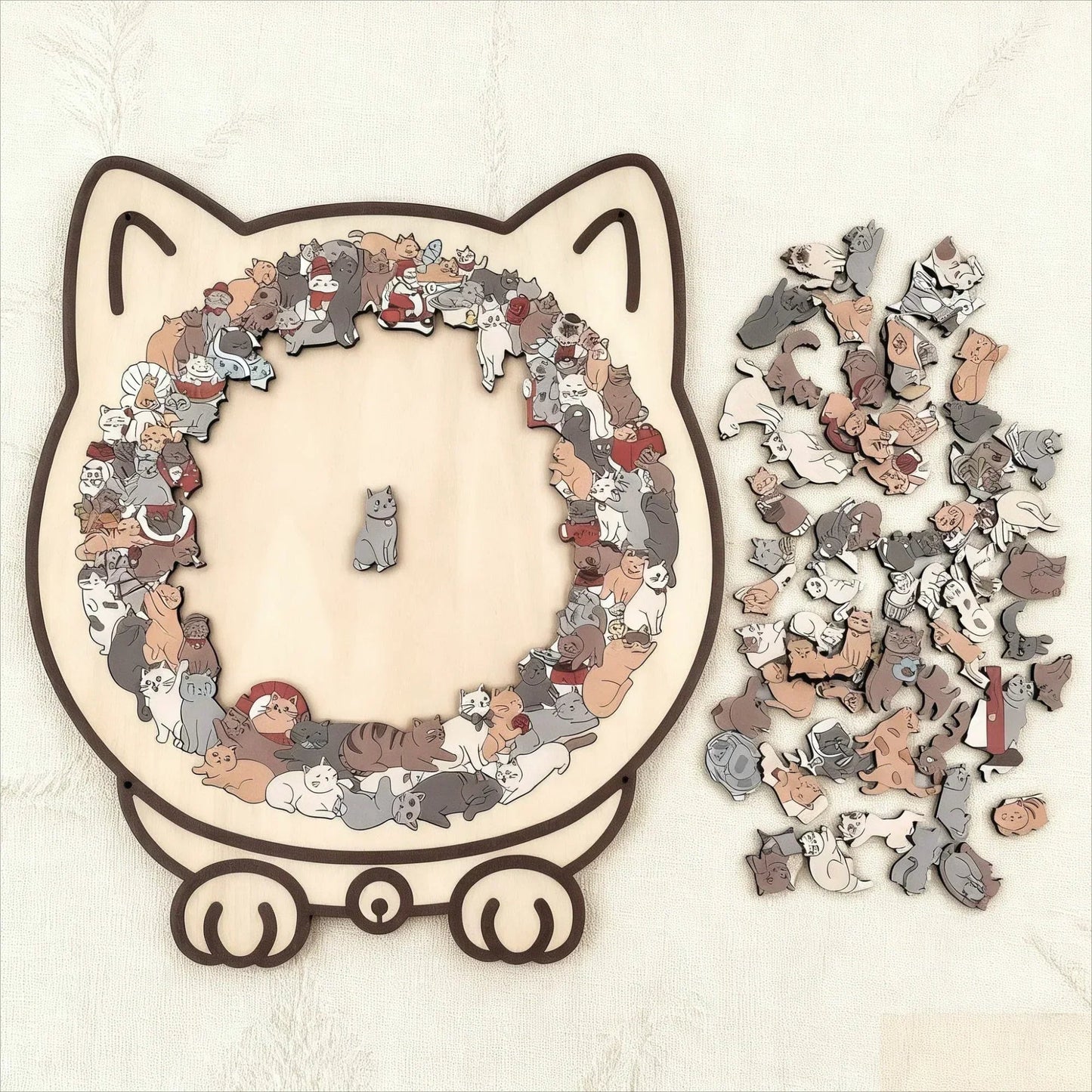 👍 🎁135 darabos, macska alakú, fából készült kirakó Morandi színekben🎅