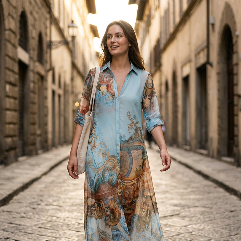 🌸Elegáns, retró mintás női maxi ruha