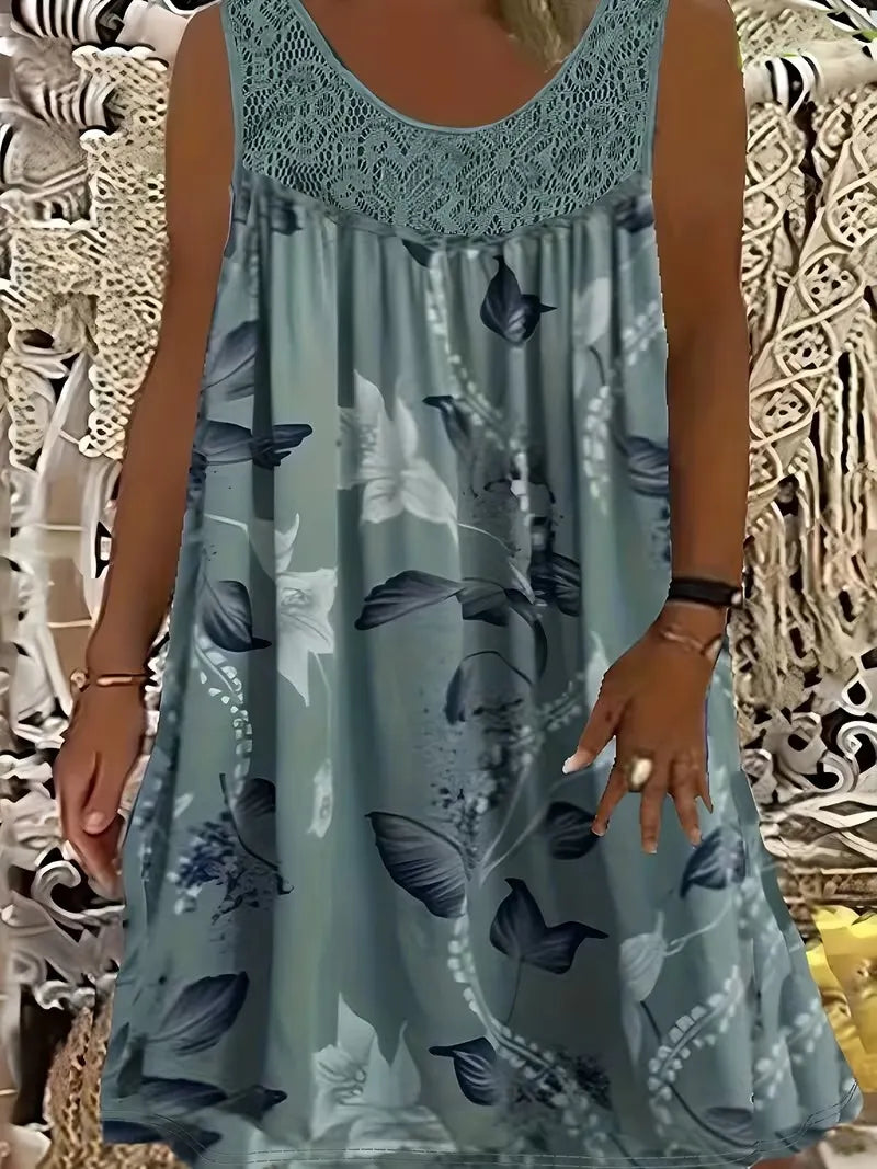 Kerek nyakú, ujjatlan, csipke, fodros, patchwork mintás, elegáns, plus size maxi ruha nőknek
