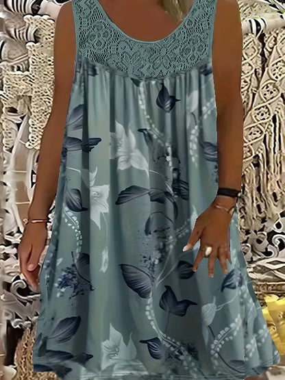 Kerek nyakú, ujjatlan, csipke, fodros, patchwork mintás, elegáns, plus size maxi ruha nőknek