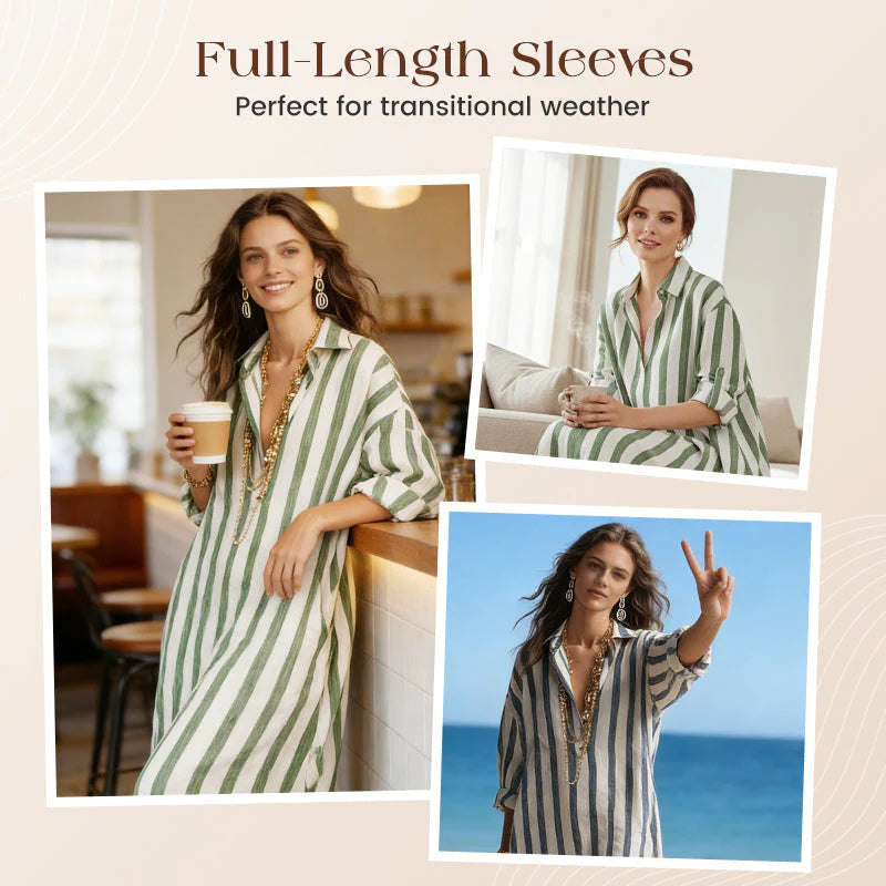 👗 50% KEDVEZMÉNY! 🌞 Csíkos ingruha hosszú ujjal - túlméretezett szabás, függőleges csíkok, tiszta pamut és praktikus oldalsó zsebek ✨