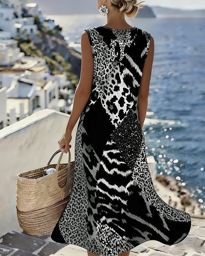 🔥49% kedvezmény a készlet erejéig!🎉Ujjatlan leopárdmintás patchwork maxi ruha