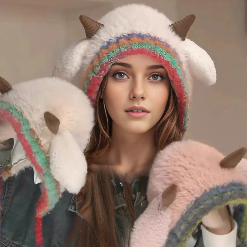 💖 Bolyhos, bárány alakú sapka aranyos fülekkel🎄🦌