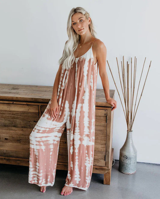 Női divat: nyomtatott mintás, vékony pántos jumpsuit
