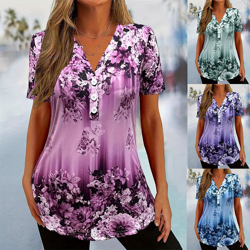 👚 50% KEDVEZMÉNY! 🌸 Elegáns női rövid ujjú felső virágmintával – Könnyű anyag, romantikus dizájn és tökéletes a meleg napokra ☀️