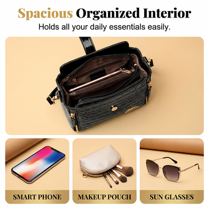 👜✨ Csillogó női kézitáska krokodilmintával - strukturált, arany részletekkel, tágas és elegáns 💼