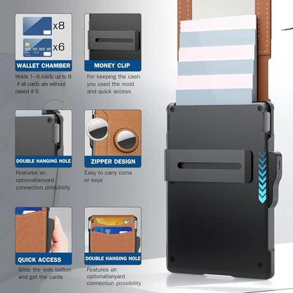 ✨AirTag férfi pénztárca - kihúzható alumínium tokkal, bankjegycsipesszel, finom bőr barázdákkal, bankkártyatartóval, RFID-blokkolással, minimalista, kétrészes pénztárca