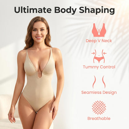 Mély V-nyakú, beépített hasformáló övvel ellátott női body - derékszorító, alakformáló fehérnemű, szülés utáni mindennapi alakformáló fehérnemű