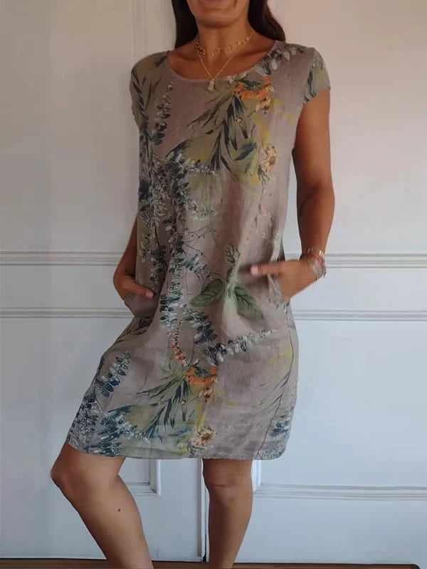 🌼Női pamut & vászon kerek nyakú nyomtatott ruha
