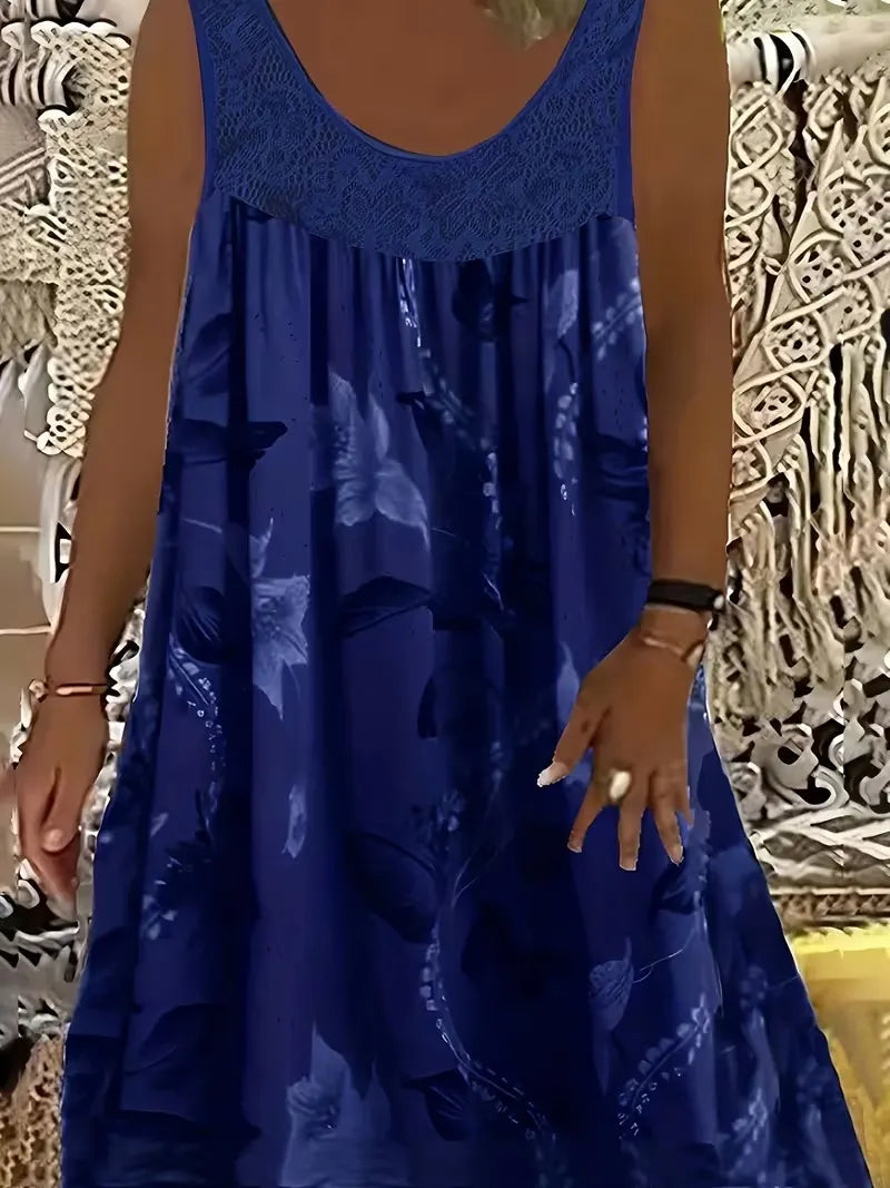 Kerek nyakú, ujjatlan, csipke, fodros, patchwork mintás, elegáns, plus size maxi ruha nőknek