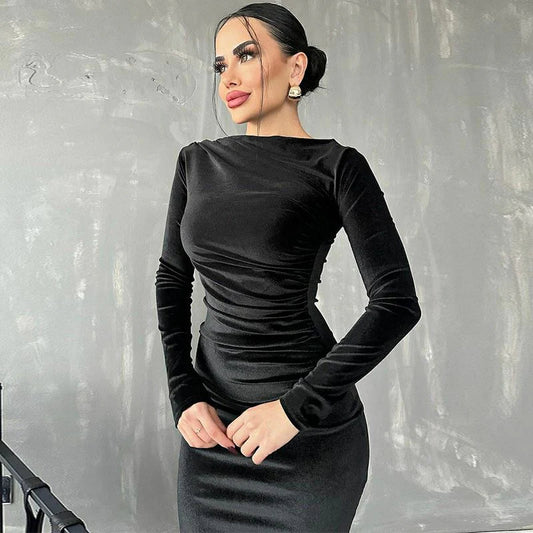 💃Női divatos, karcsúsított, hosszú ujjú ruha, egyszínű