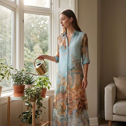 🌸Elegáns, retró mintás női maxi ruha