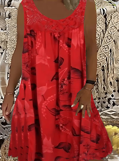 Kerek nyakú, ujjatlan, csipke, fodros, patchwork mintás, elegáns, plus size maxi ruha nőknek