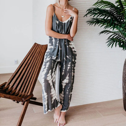 Női divat: nyomtatott mintás, vékony pántos jumpsuit