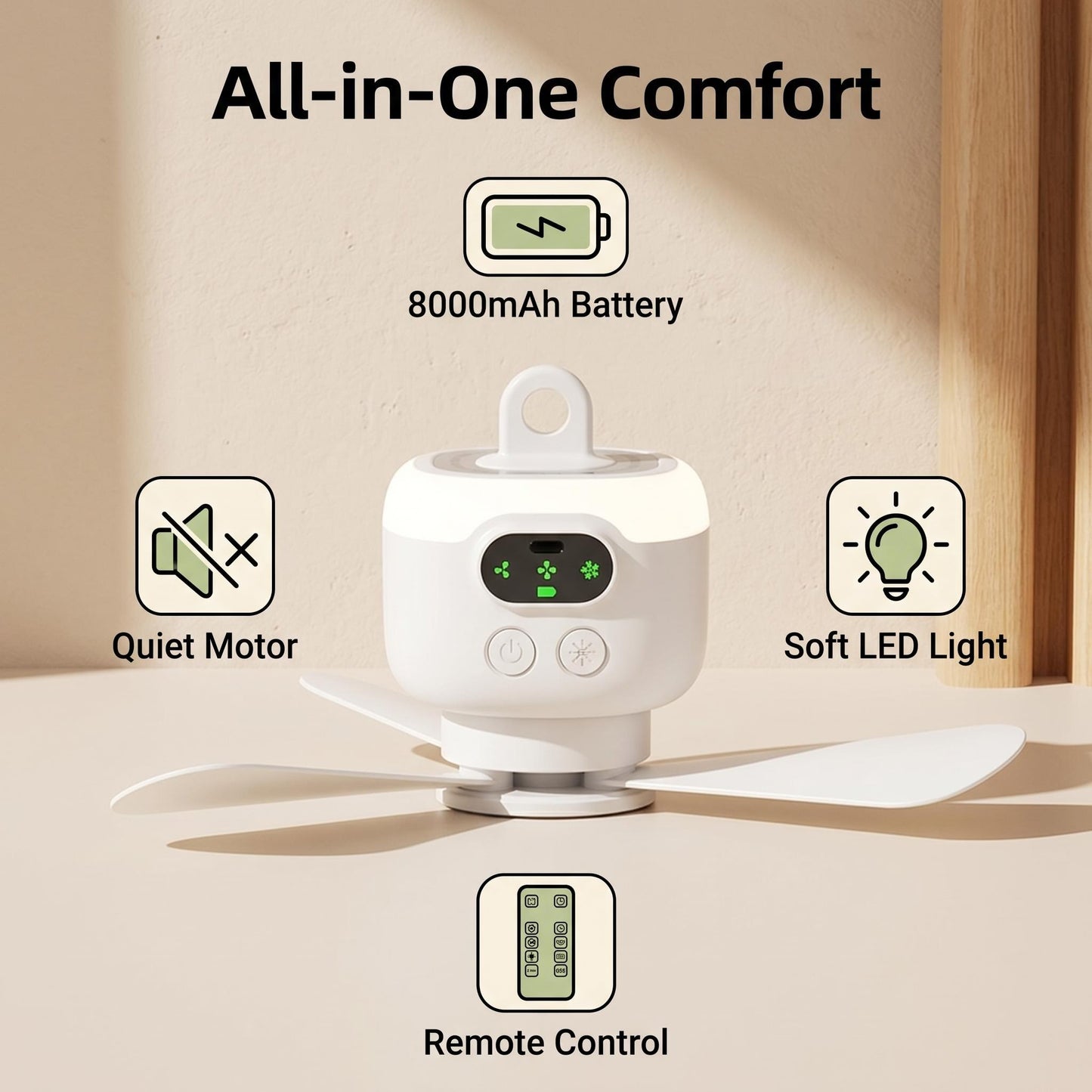 Újratölthető mennyezeti ventilátor LED-es világítással