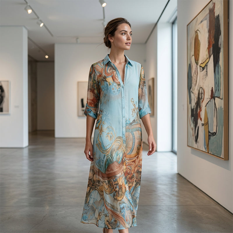 🌸Elegáns, retró mintás női maxi ruha