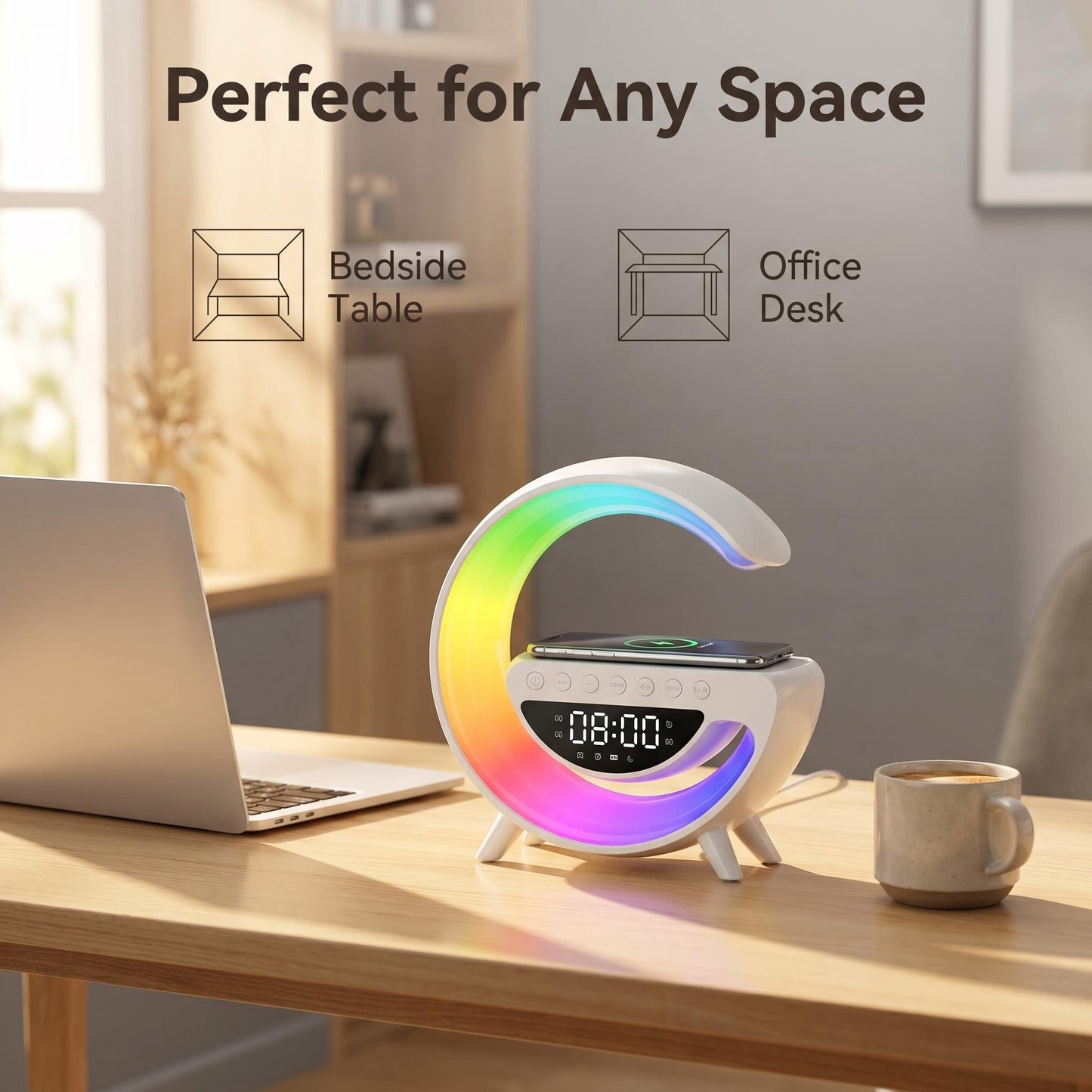 Félhold alakú RGB hangszórós lámpa vezeték nélküli töltővel