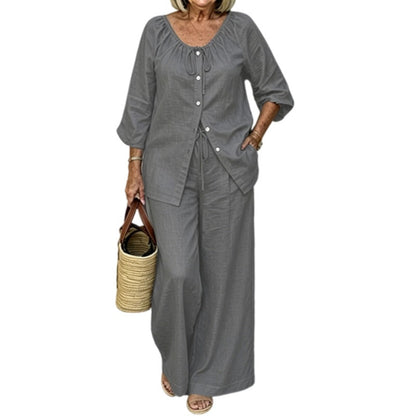 Női szett: gombos, húzózsinórral ellátott felső és széles szárú nadrág